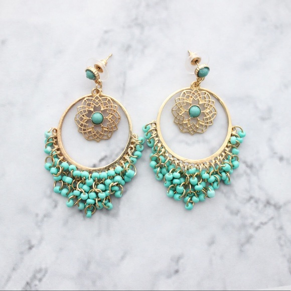 Gold & Teal Earrings Statement Earrings - Picture 2 of 3